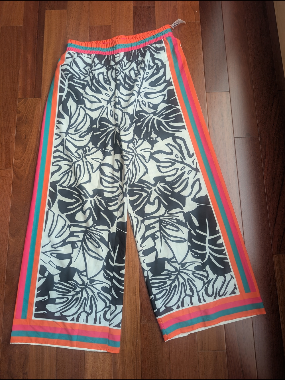 Sweet Rain Black & White Tropical Print Wide-Leg Pants with Neon Stripe Trim